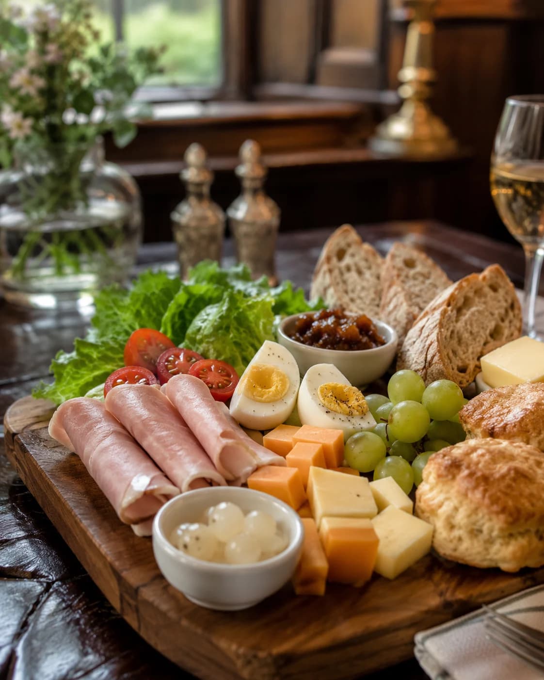 Ploughmans tea with cheese scones and chutney
