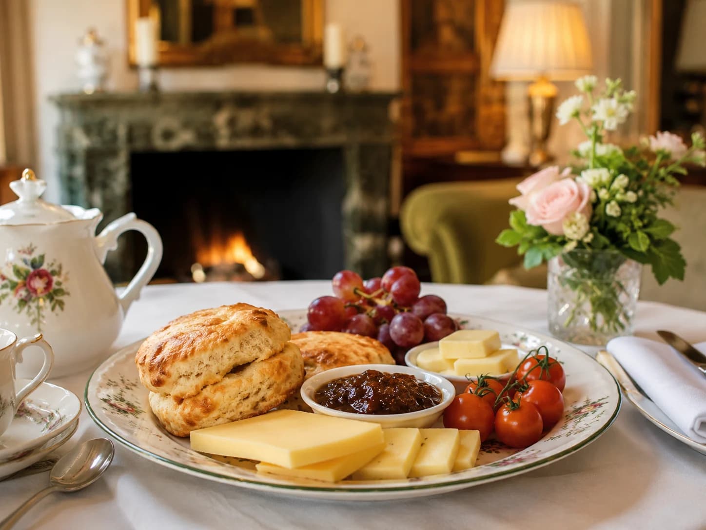 Savoury tea with cheese scones and fresh accompaniments